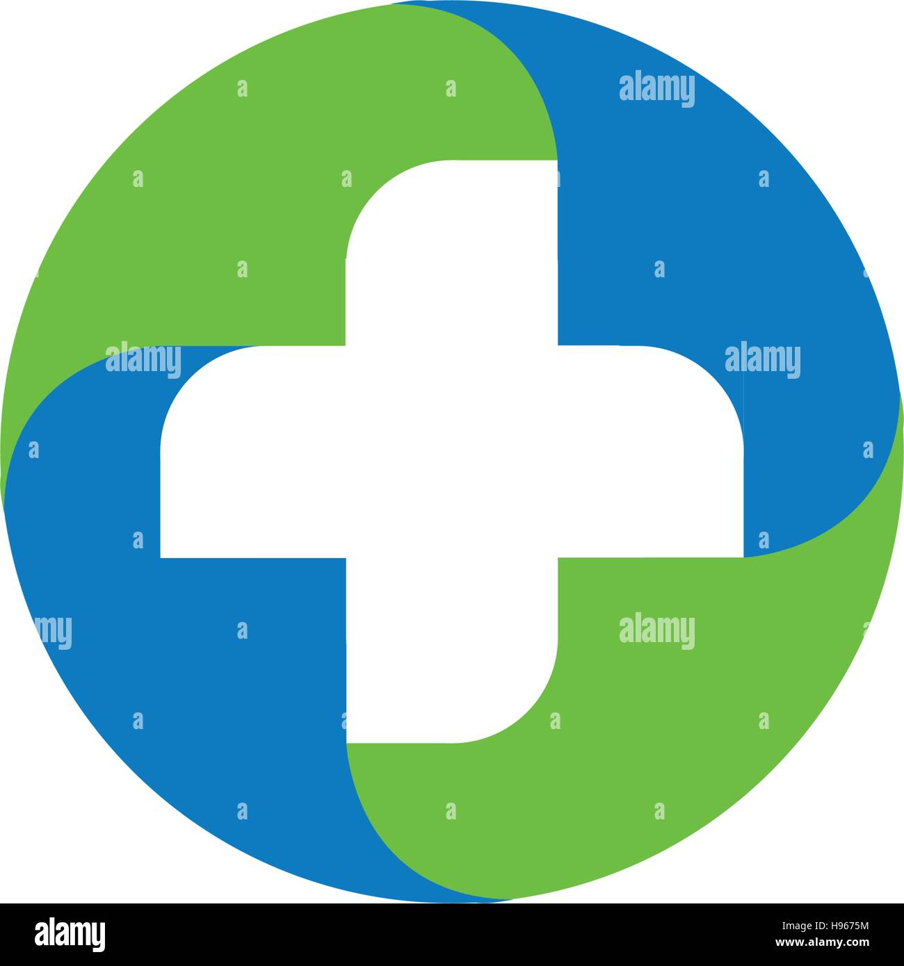 Green and blue vector medical cross logo. Round shape logotype. Religious sign. Doctor s office emblem. Ambulance label. First aid symbol. Plus button. illustration. Stock Vector