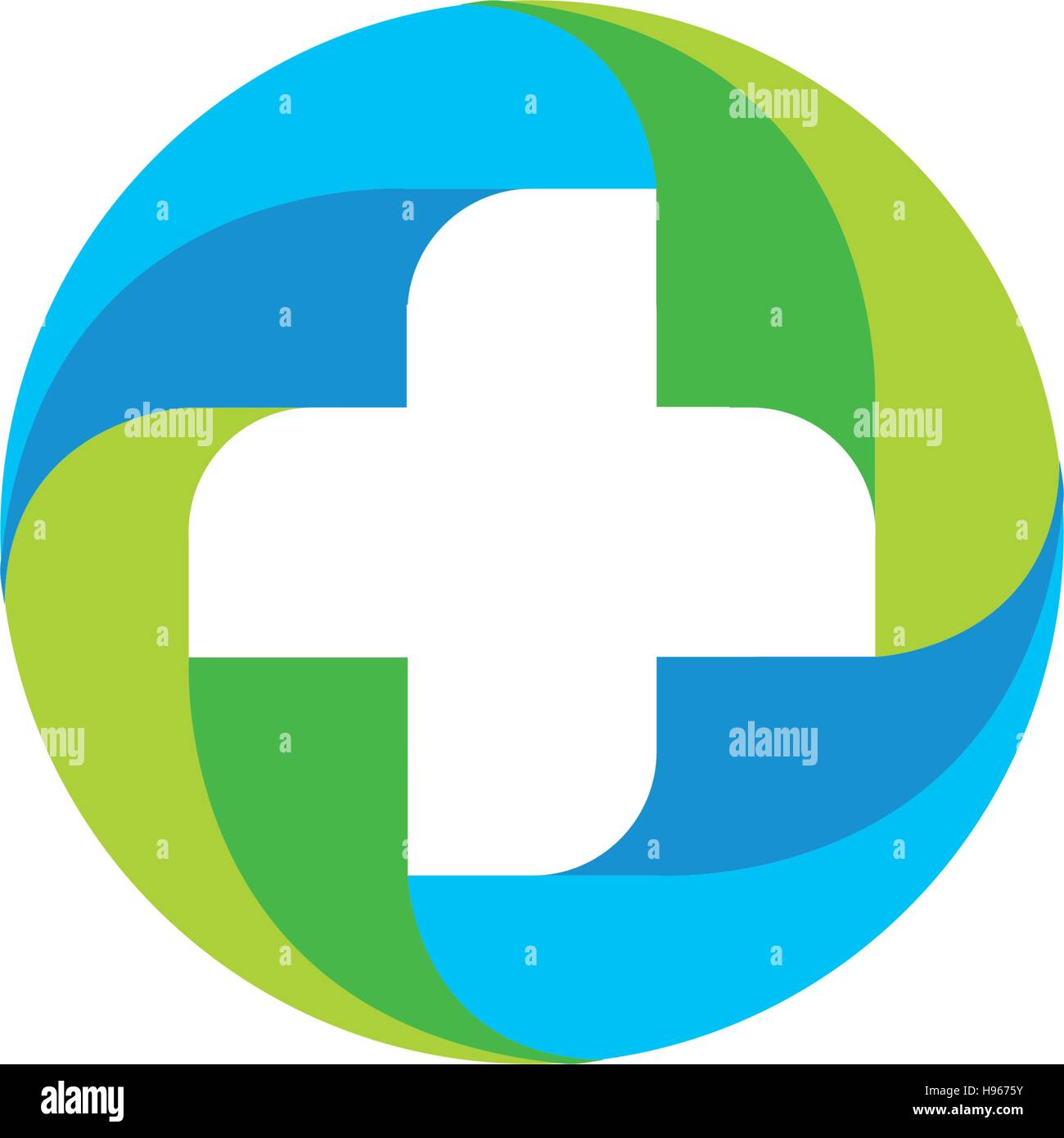 Green and blue vector medical cross logo. Round shape logotype. Religious sign. Doctor s office emblem. Ambulance label. First aid symbol. Plus button. illustration. Stock Vector