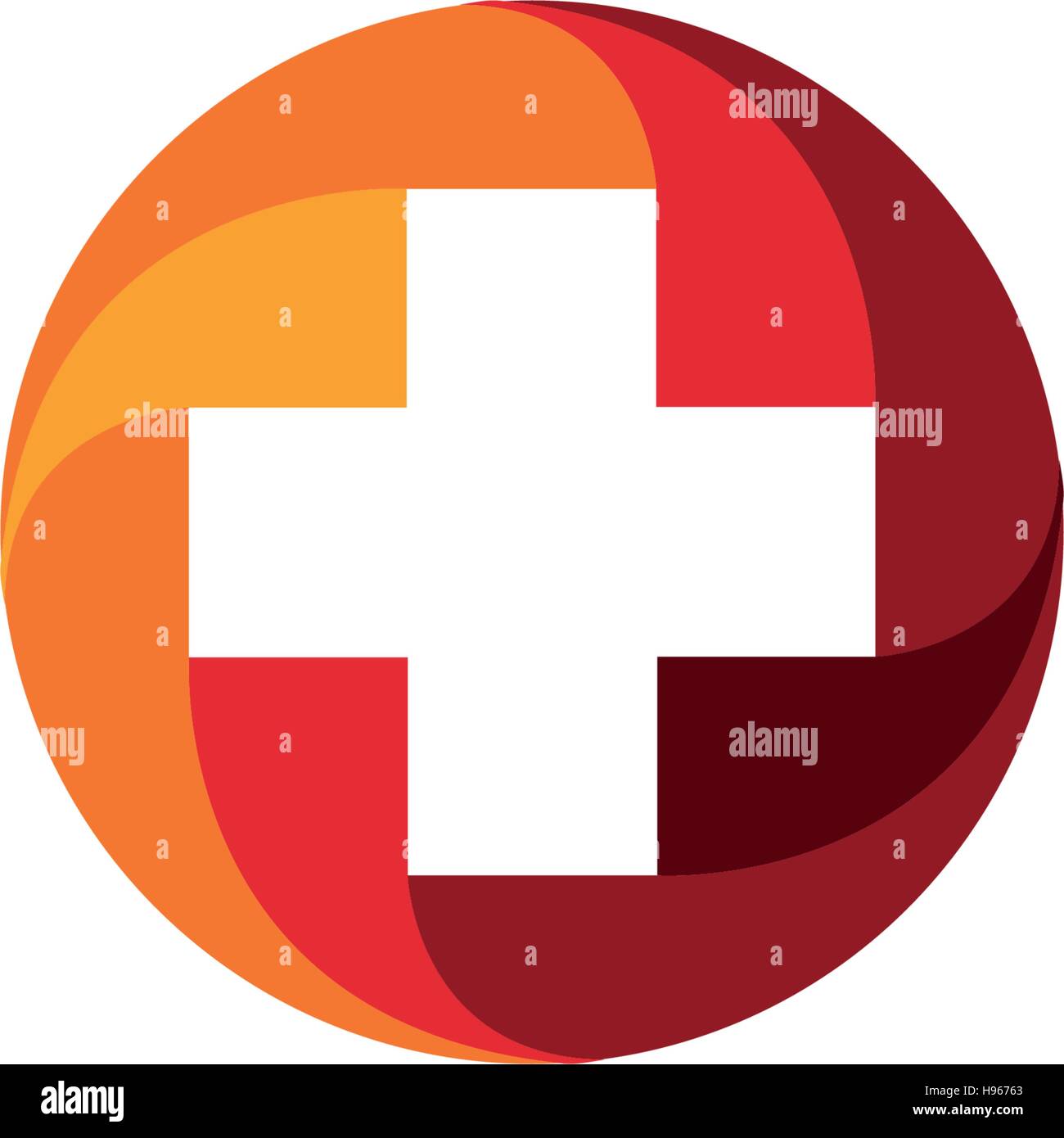 Red vector medical cross logo. Round shape logotype. Religious sign. Doctors office emblem. Ambulance label. First aid symbol. Plus button illustration. Stock Vector