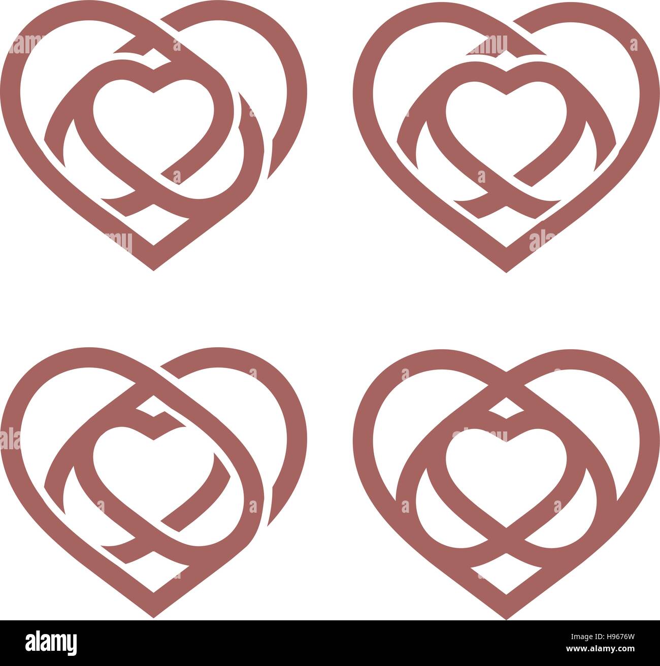 Isolated abstract monoline heart logo set. Love logotypes collection. St. Valentines day icon. Wedding symbol. Amour sign. Cardiology emblem. Vector illustration. Stock Vector