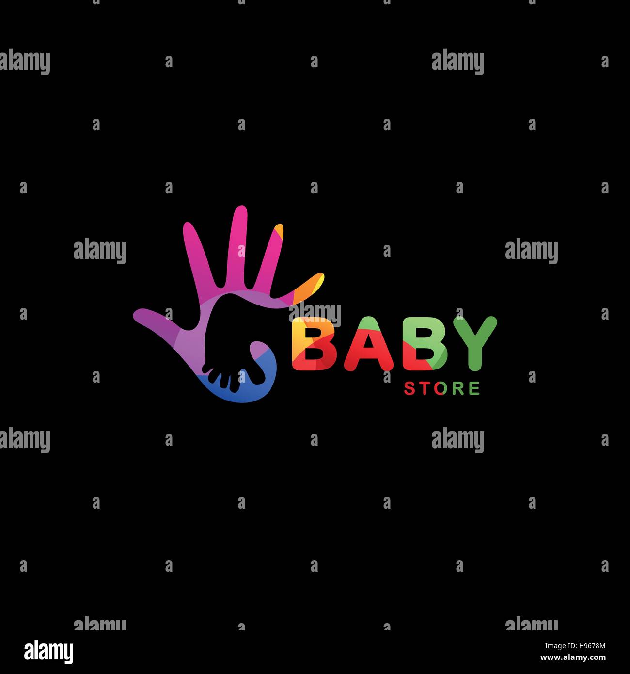 Isolated abstract colorful baby foot in adult hand logo. Negative space logotype. Kids shoes store icon. Family sign. Parent and child symbol. Adoption emblem. Charity campaign. Vector illustration. Stock Vector
