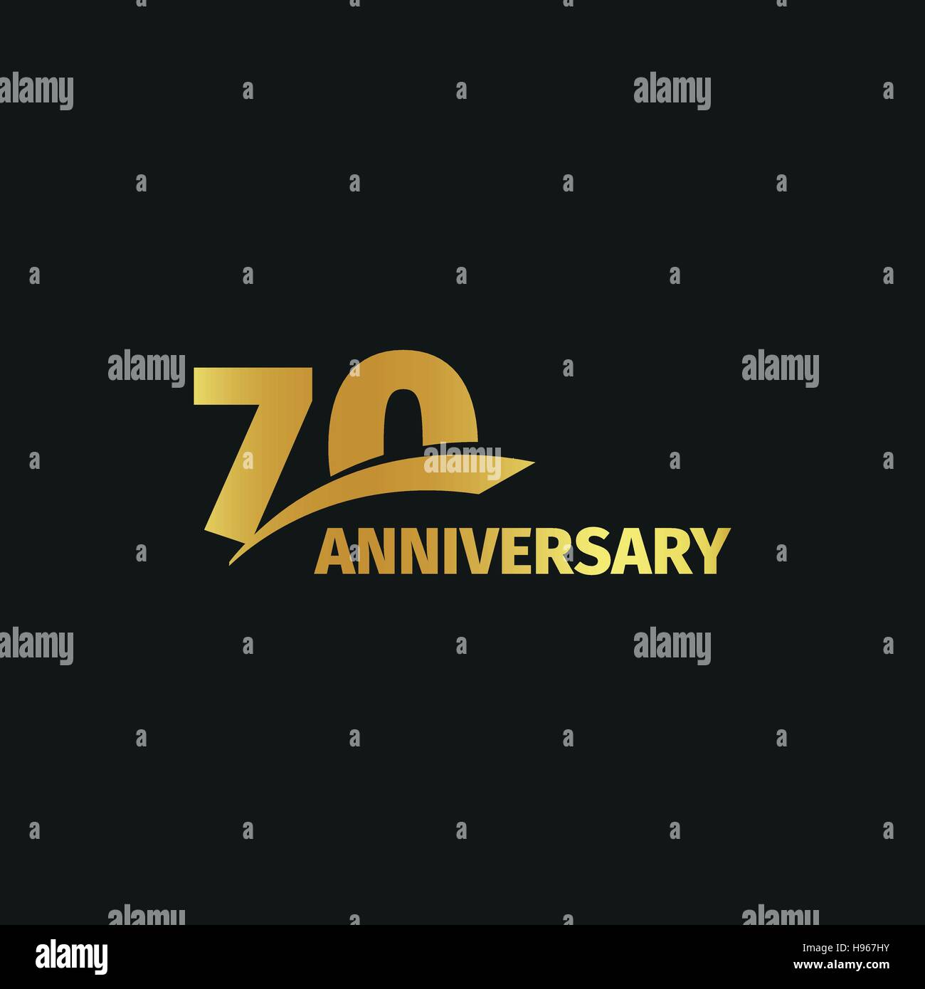 Isolated abstract golden 70th anniversary logo on black background. 70 number logotype. Seventy years jubilee celebration icon. Seventieth birthday emblem. Vector illustration. Stock Vector