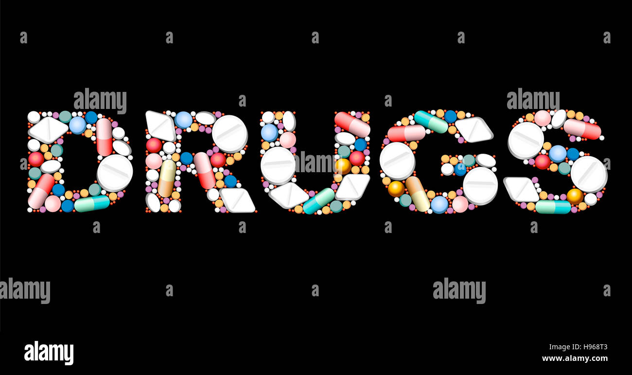 DRUGS composed with pills and capsules. Stock Photo