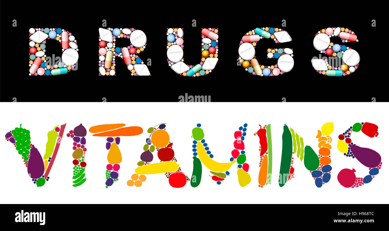 The words DRUGS and VITAMINS composed with pills and capsules, and fruits and vegetables. Stock Photo