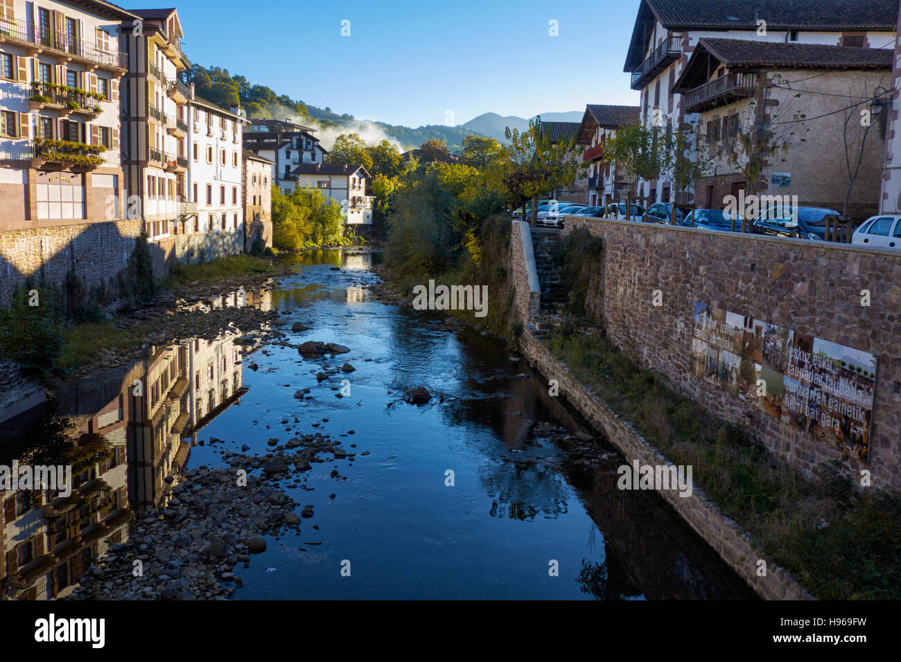 View of Elizondo in Navarre, and the Baztan river. Navarra. Basque ...