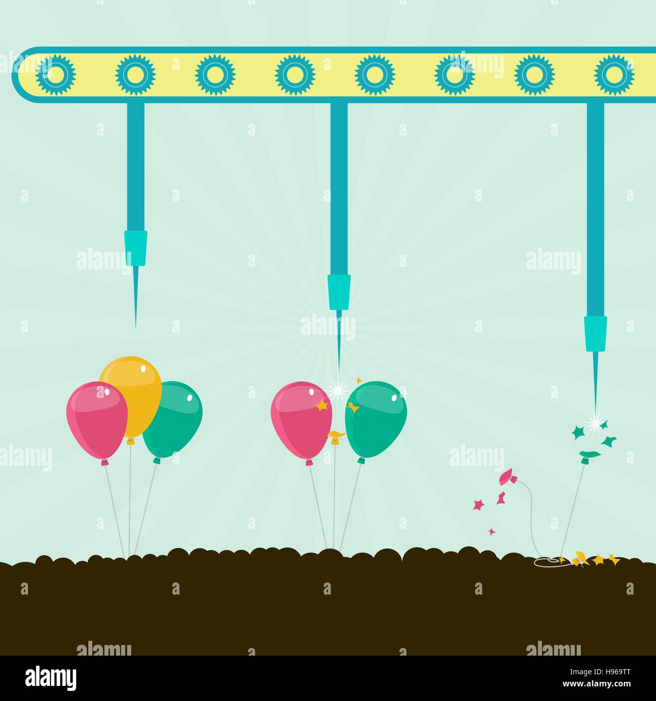 Machine with needles exploding balloons on the soil. Concept