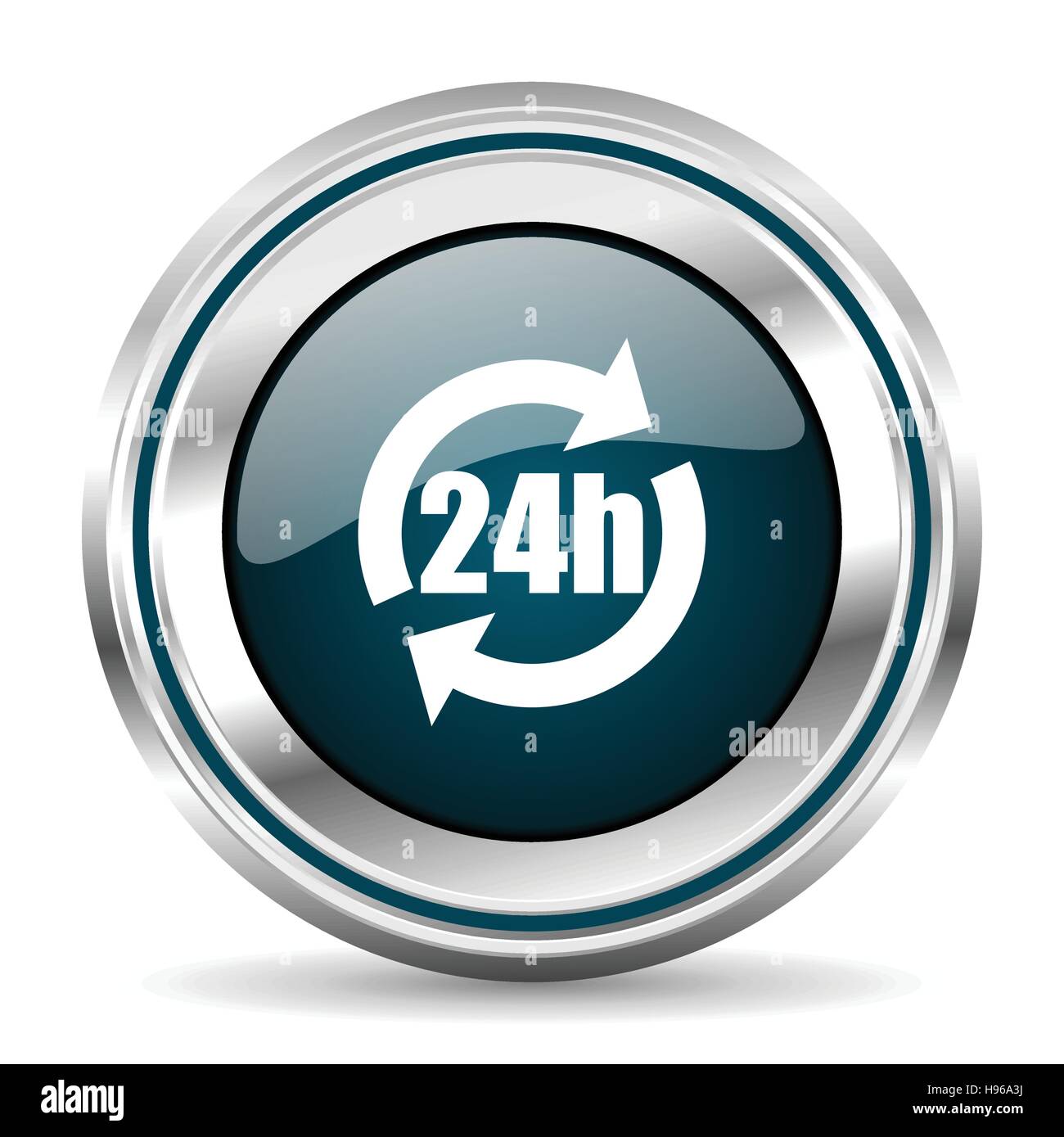 24 hours service vector icon. Chrome border round web button. Silver ...