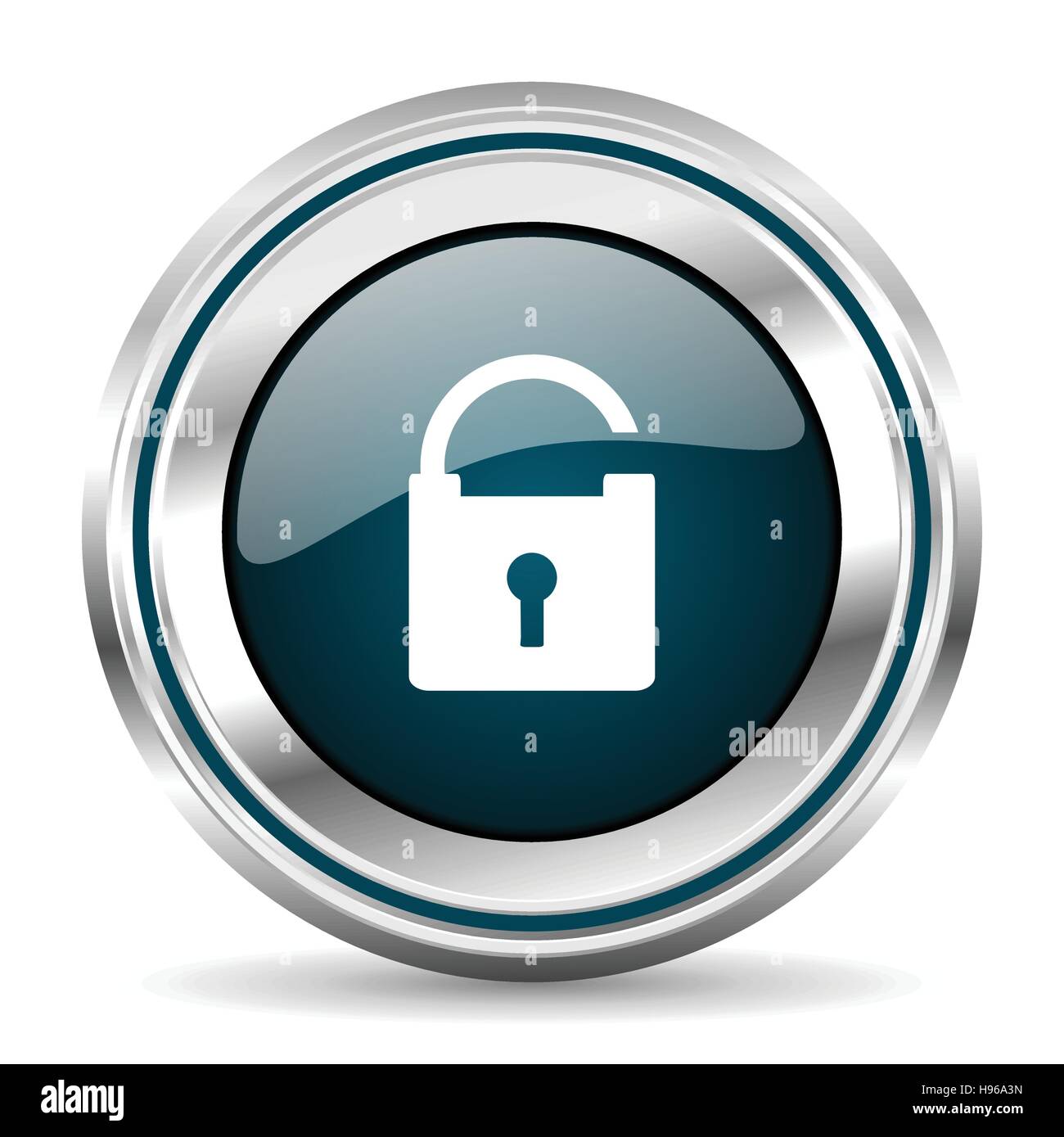 Padlock vector icon. Chrome border round web button. Silver metallic ...