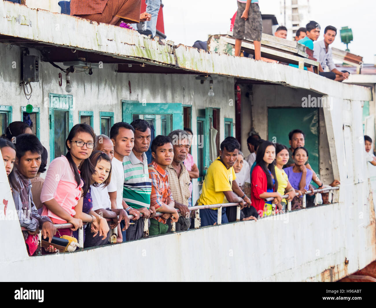 Passengers on a ferry before departure at a canal in Sittwe, the capital of the Rakhine State, Myanmar. Stock Photo