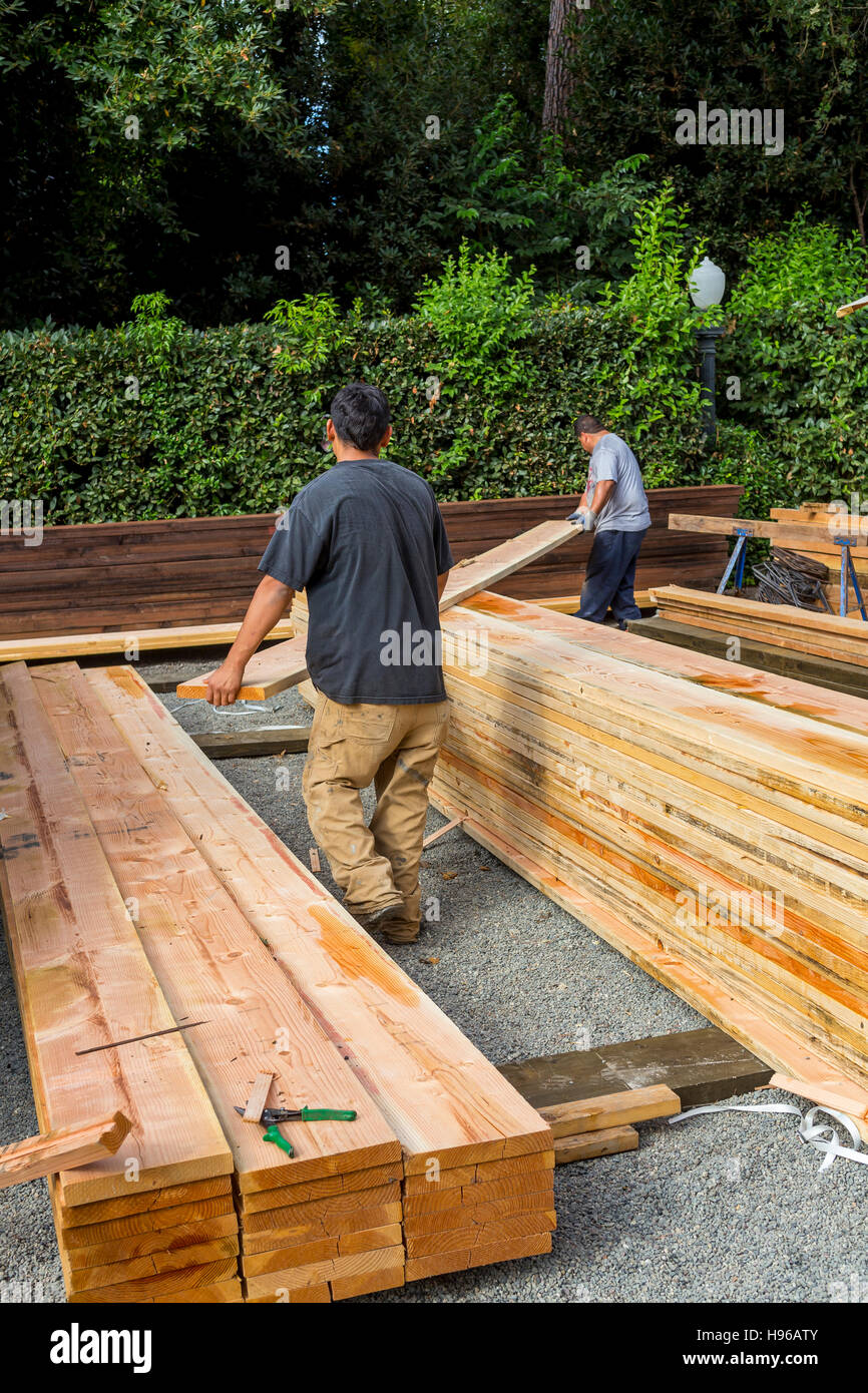 Construction workers, stacking lumber, Rutherford, Napa Valley, Napa County, California Stock Photo