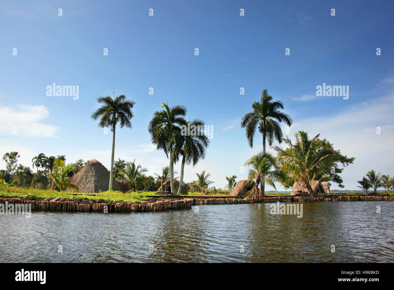 Beautiful landscape of small islands with traditional straw hut homes and palm trees, Guama, Cuba, Caribbean. Stock Photo