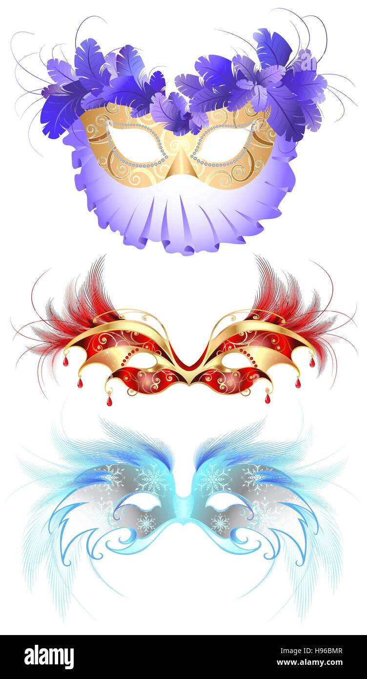 three luxury carnival masks, decorated with elegant decor and fluffy red and blue feathers. Stock Vector