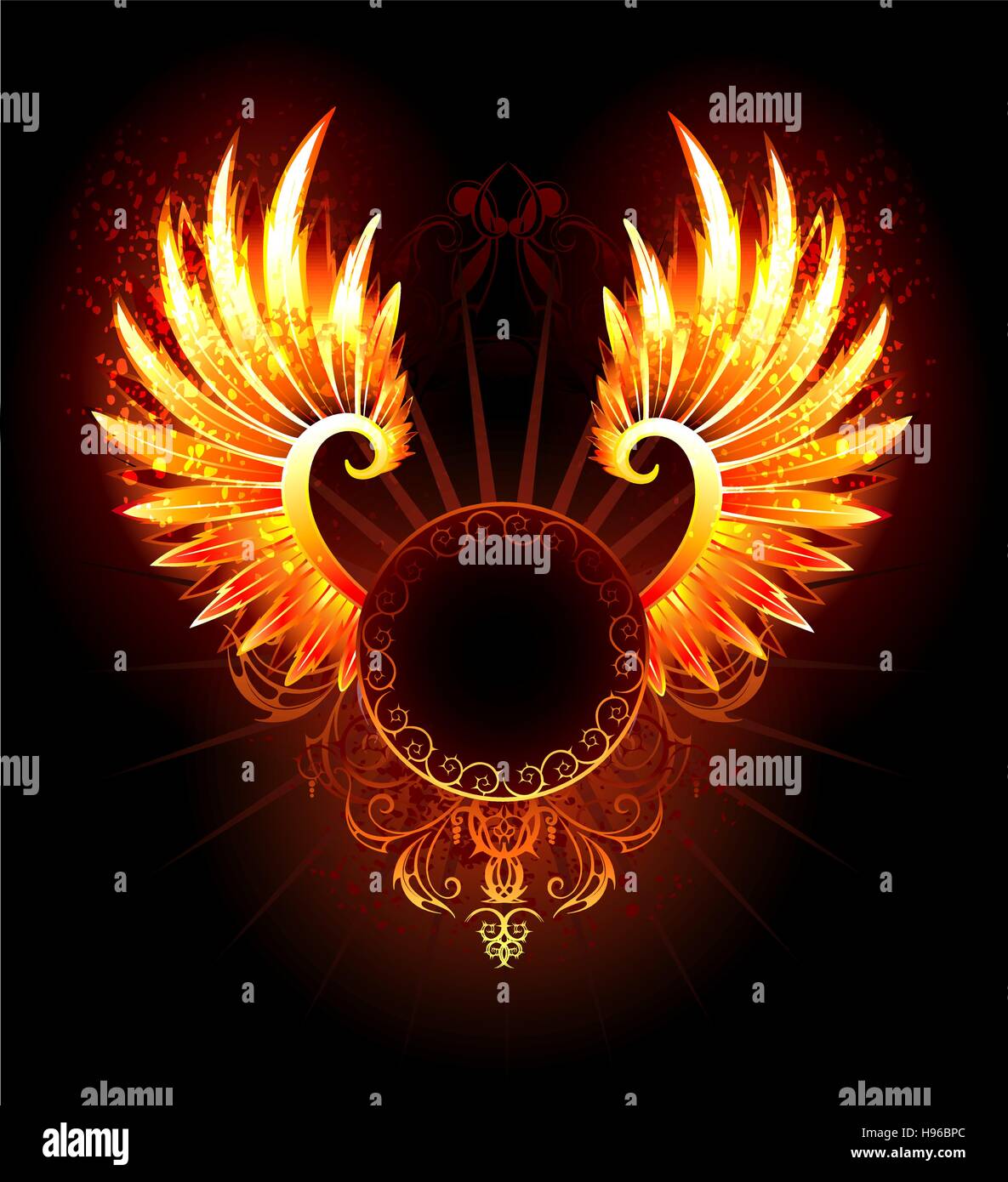 artistically painted,  round banner with fiery phoenix wings on a black background. Stock Vector