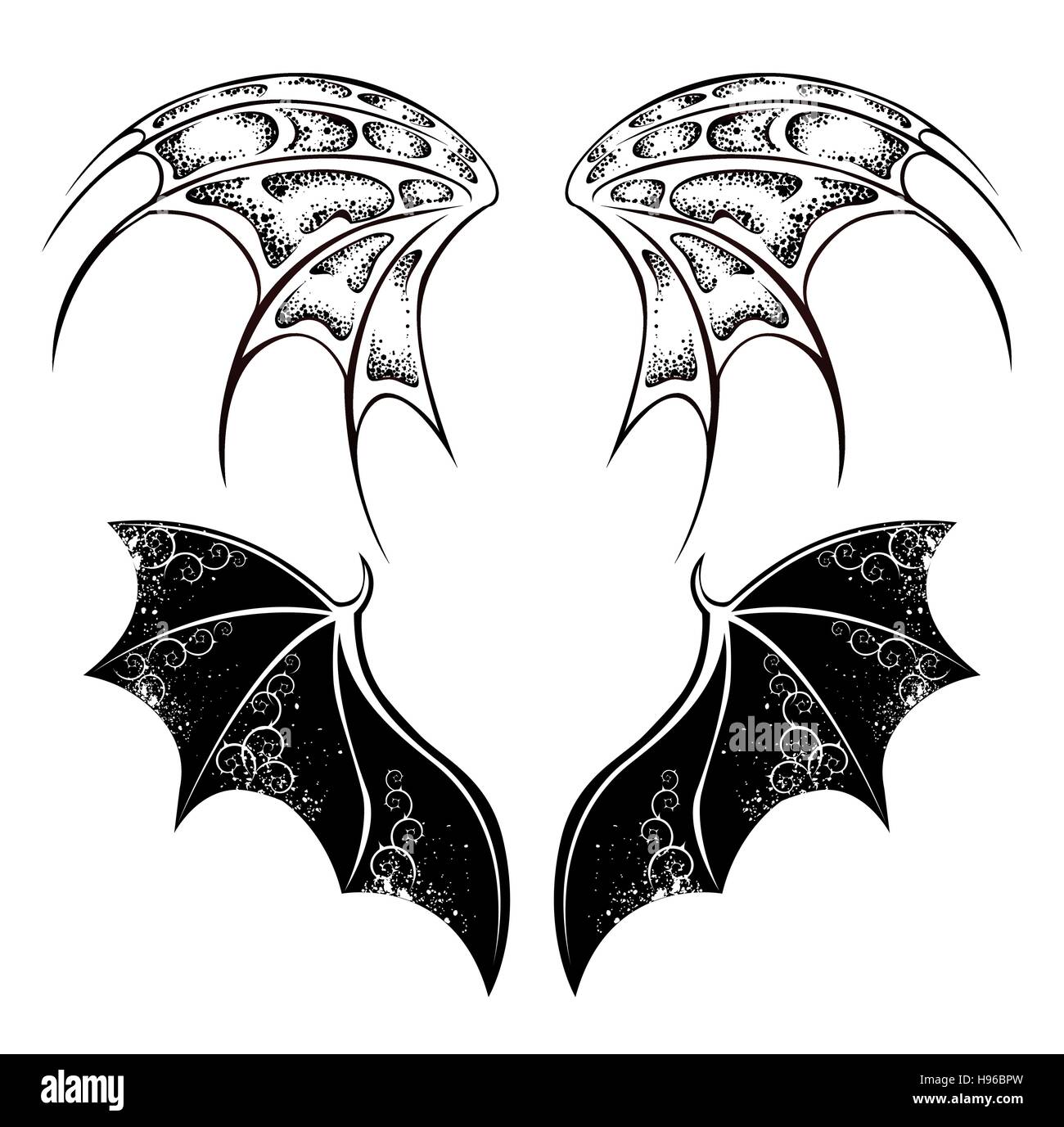 Set of monochrome, isolated, black, dragon wings, painted in tribal style on white background. Stock Vector