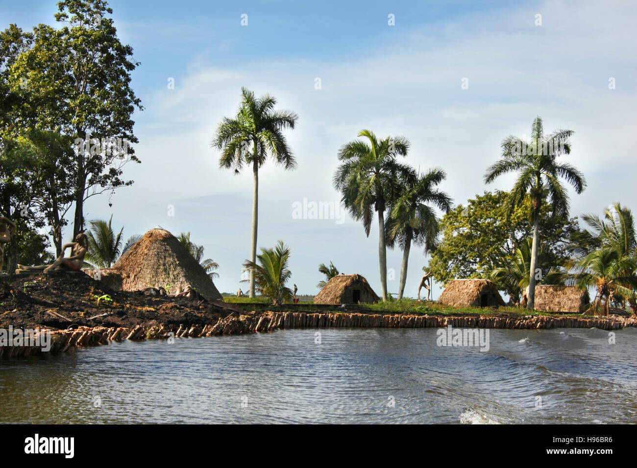 Beautiful landscape of small islands with traditional straw hut homes and palm trees, Guama, Cuba, Caribbean. Stock Photo