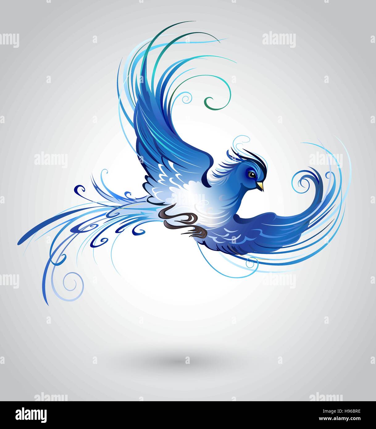 artistically painted, flying blue bird on a light background. Stock Vector