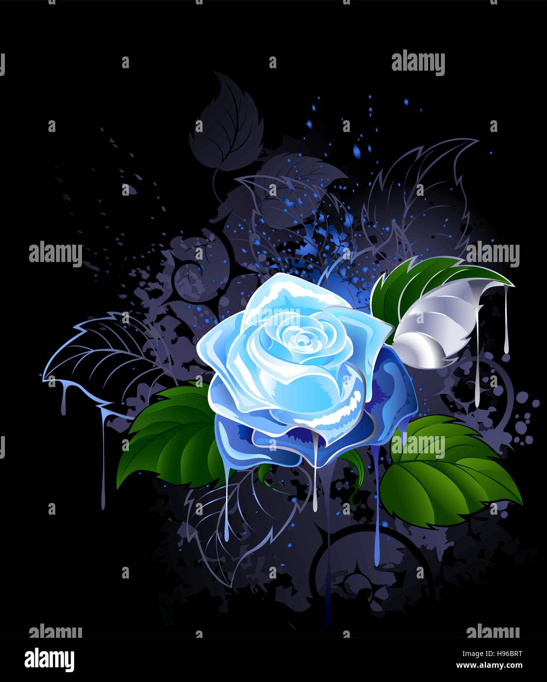 blue rose with green leaves on a black background spattered with paint Stock Vector Image & Art