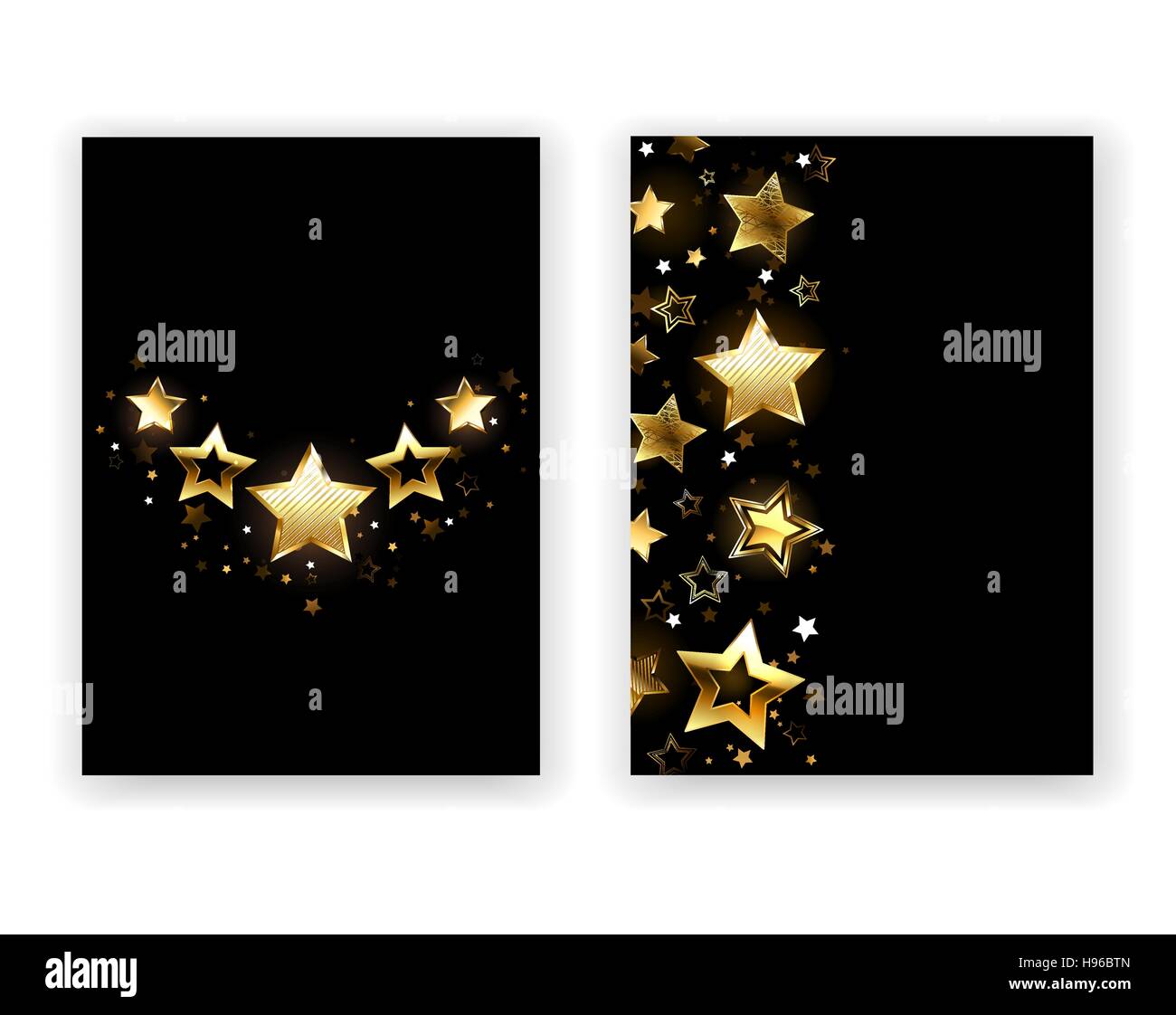 Brochure design with gold, shining stars on a black background. Five Stars. Design with stars. Golden Star. Stock Vector