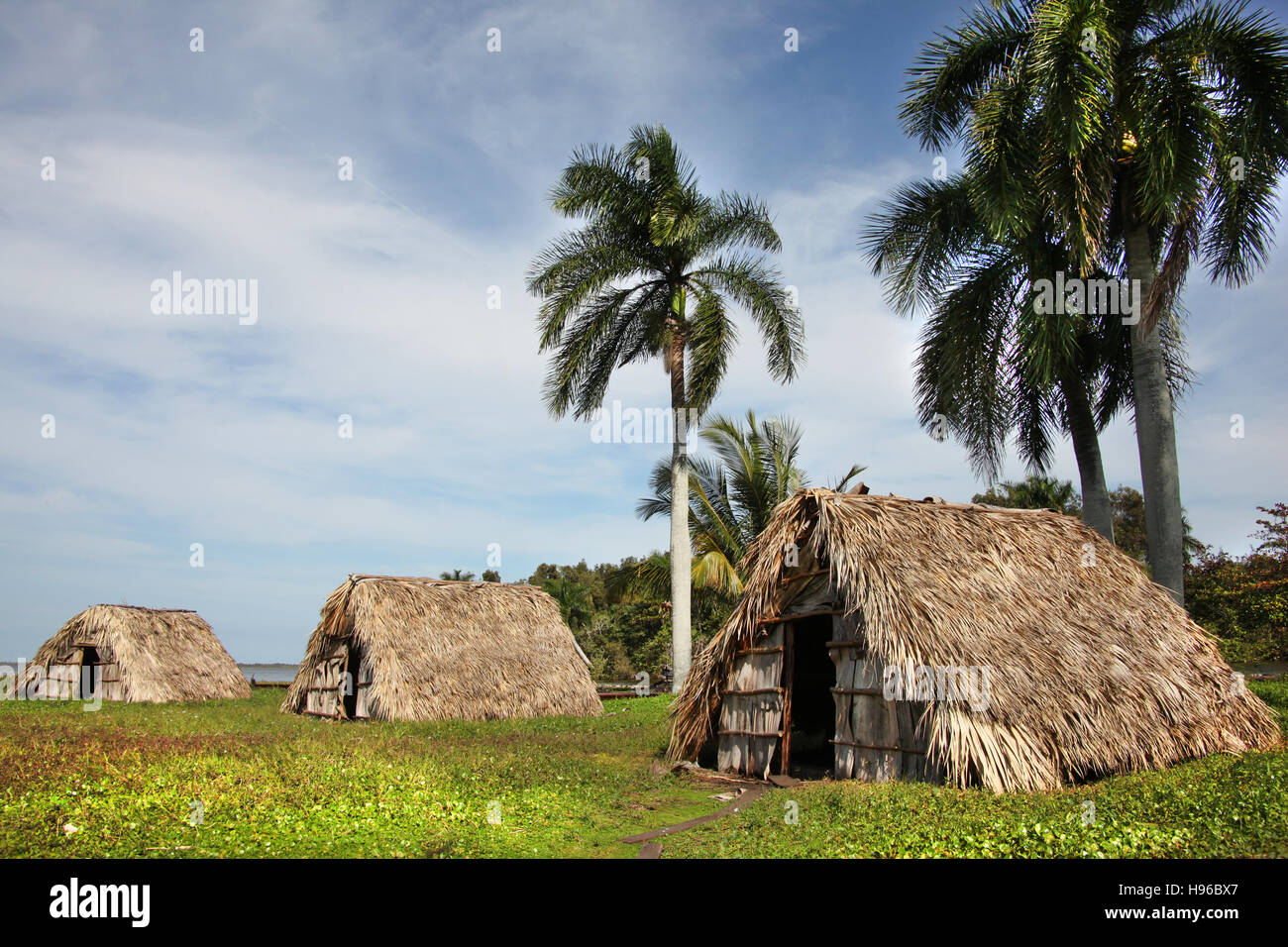 Beautiful landscape of small islands with traditional straw hut homes and palm trees, Guama, Cuba, Caribbean. Stock Photo