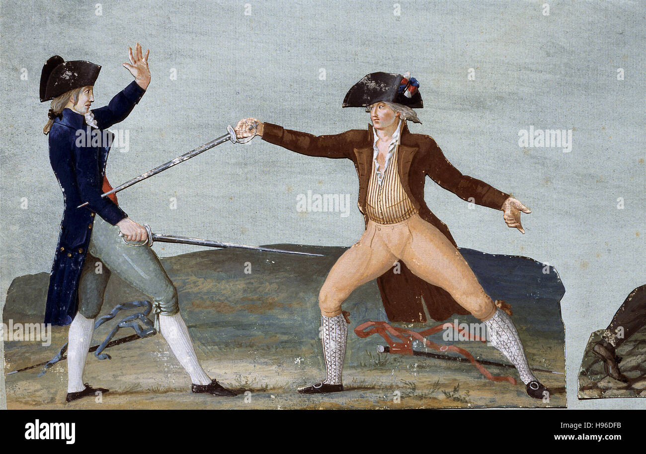 Lesueur Pierre Etienne   -   Charles Lameth fighting Duel with the Marquis de Castries   - 1789 Stock Photo