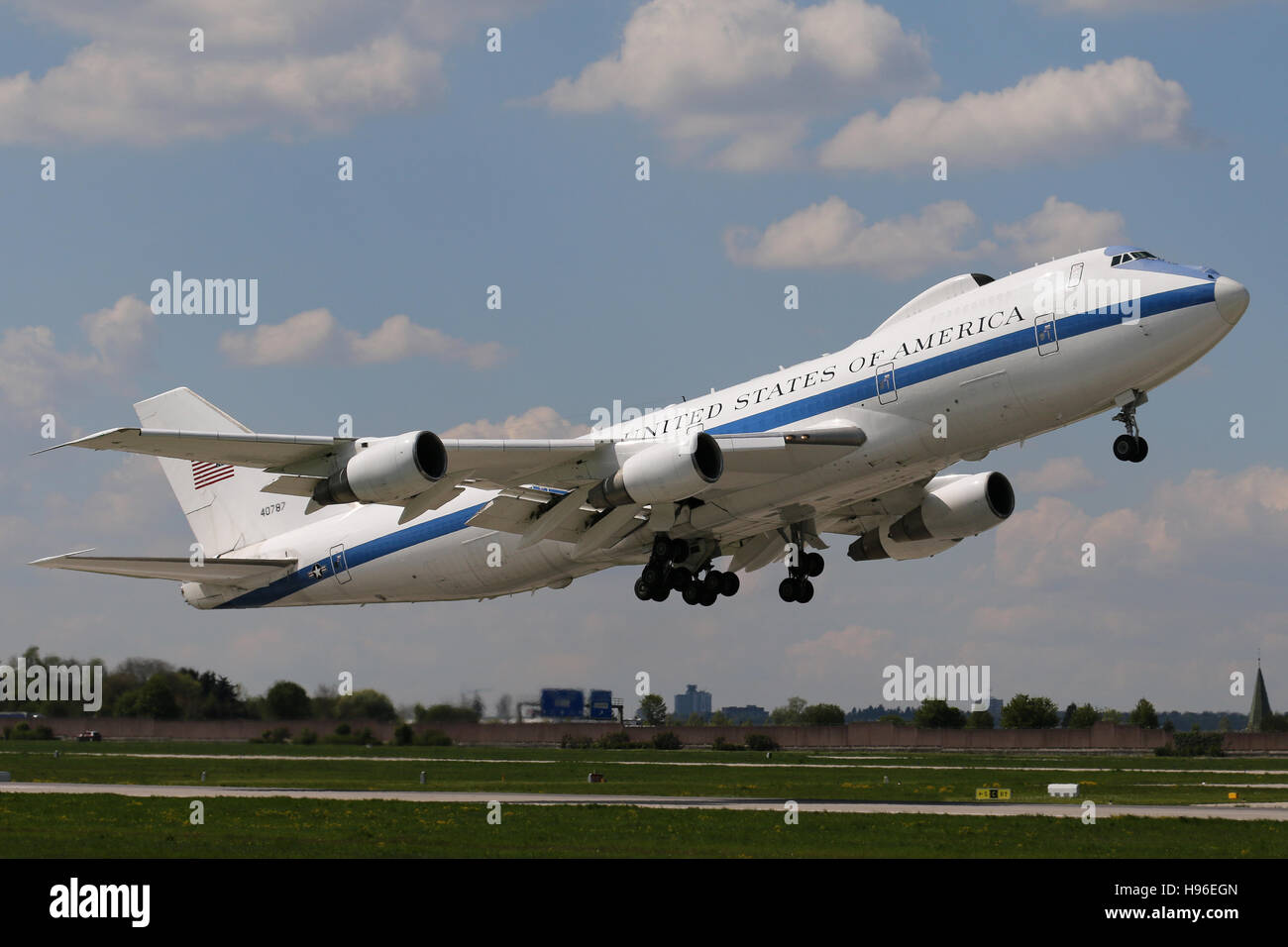 Stuttgart, Germany – May 04, 2016: US Air Force, Boeing E-4B is taking off at Stuttgart Airport Stock Photo
