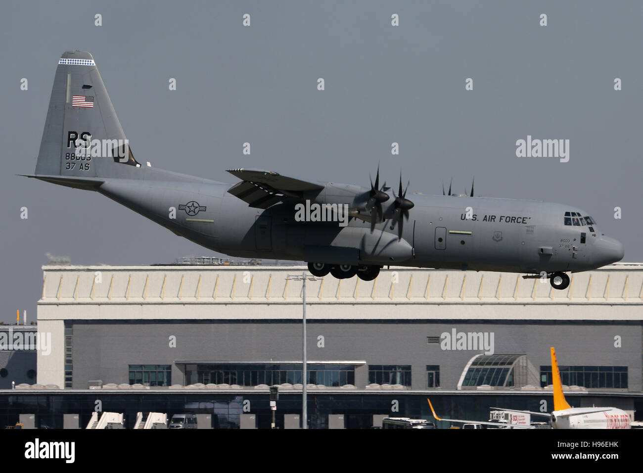 Stuttgart, Germany – May 07, 2016: Air Force, Hercules C-130 is landing at Stuttgart Airport Stock Photo