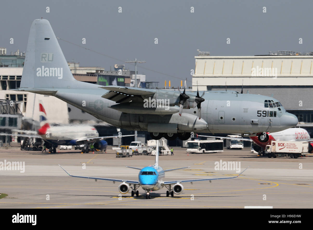 Stuttgart, Germany – May 07, 2016: US Navy, Hercules C130 is landing at Stuttgart Airport Stock Photo