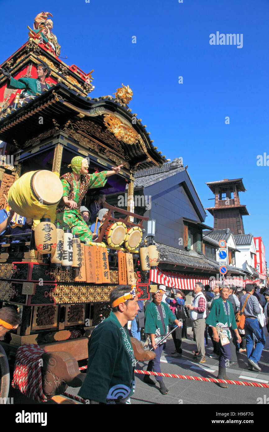 Japan, Kawagoe, festival, float, procession, people, Clock Tower Stock