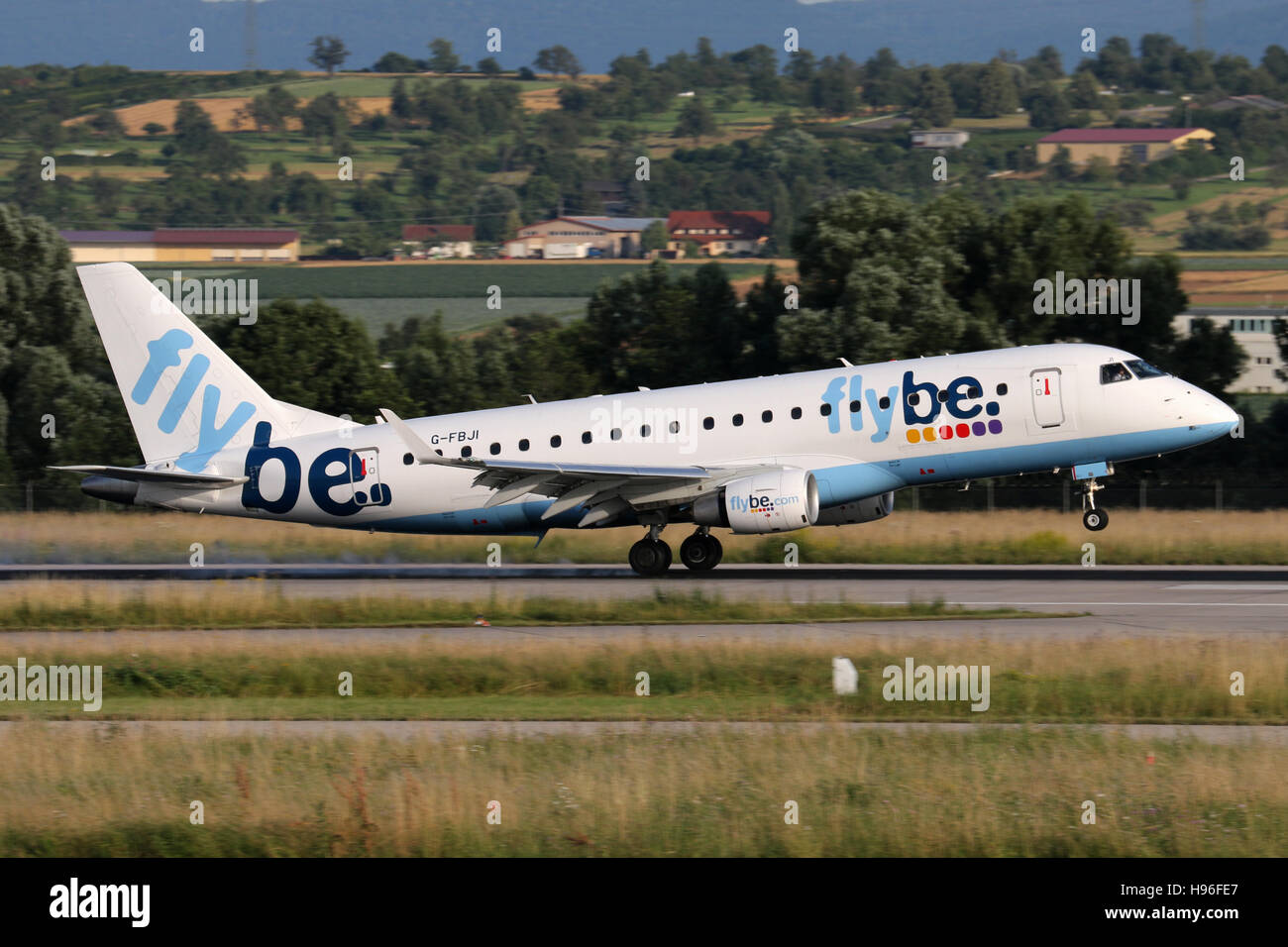 Stuttgart, Germany – July 06, 2016: Flybe, Embraer ERJ-175 is landing at Stuttgart Airport Stock Photo