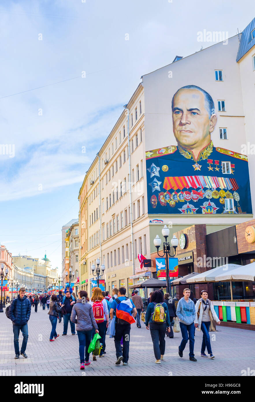 The portrait of Marshal of USSR Georgy Zhukov on the house wall at Arbat street Stock Photo