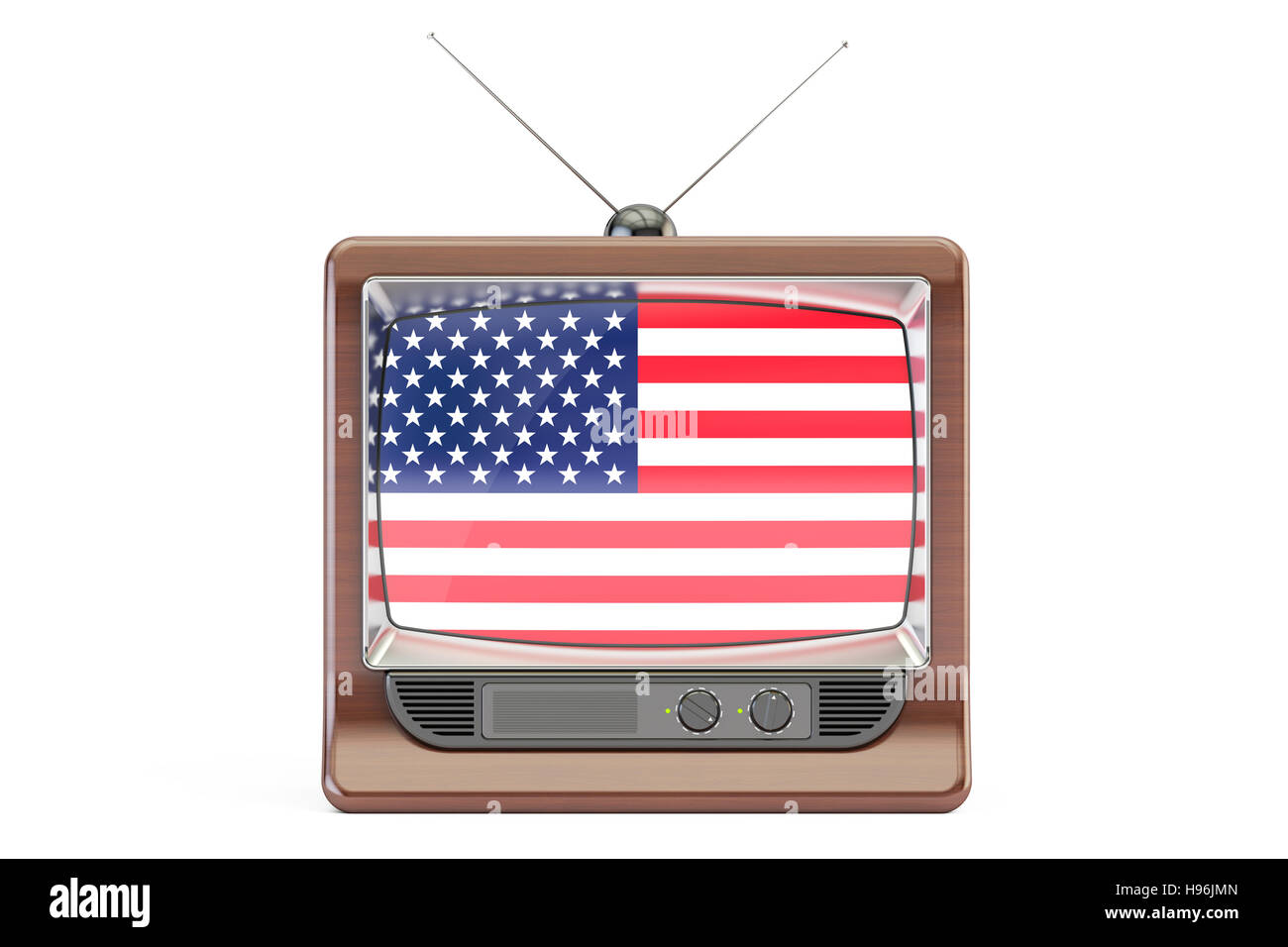 old tv with flag of USA. American Television concept, 3D rendering