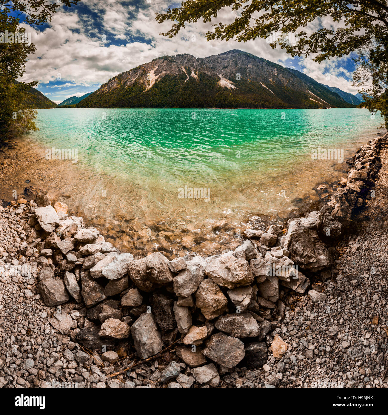 Very wide view of the lake Plansee, Austria Stock Photo