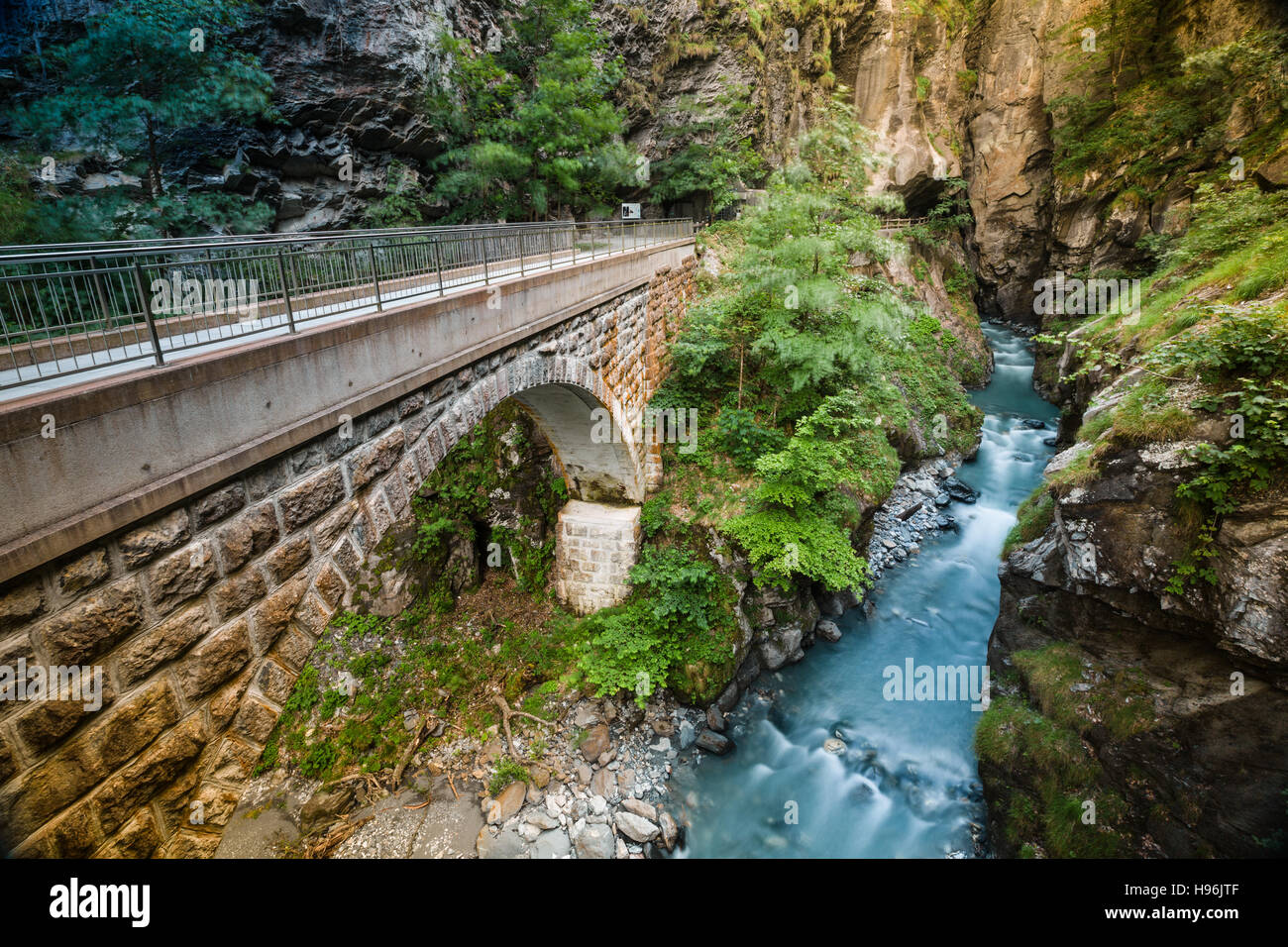 Tamina Gorge, river and bridge near Bad Pfafers Stock Photo