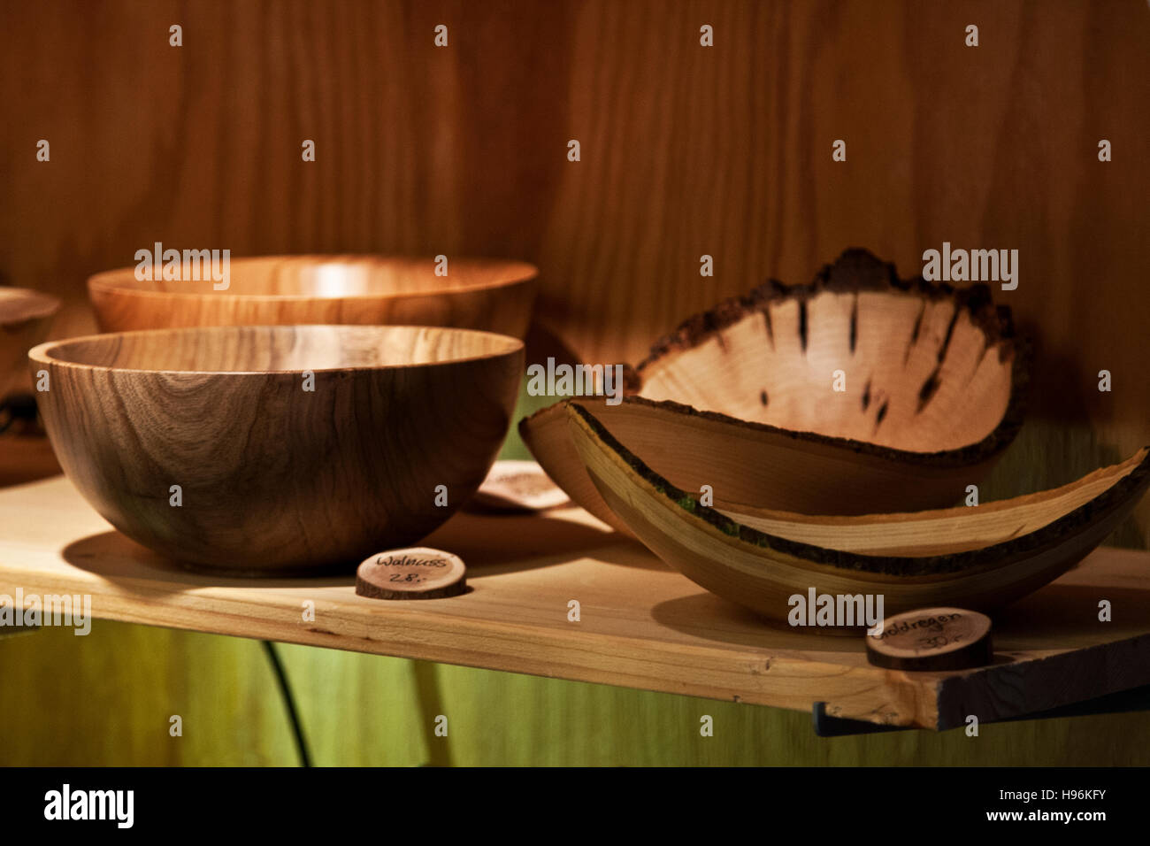 Christmas Market, Hohenzollern Castle, Hechingen Germany, hand turned craftsman's turned wood and burl bowls. Stock Photo