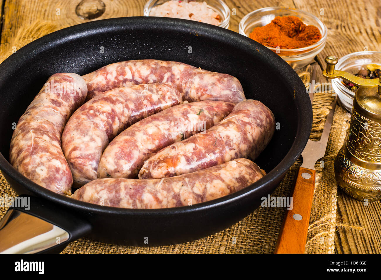 Crude Homemade Chicken Sausage Studio Photo. Studio Photo Stock Photo