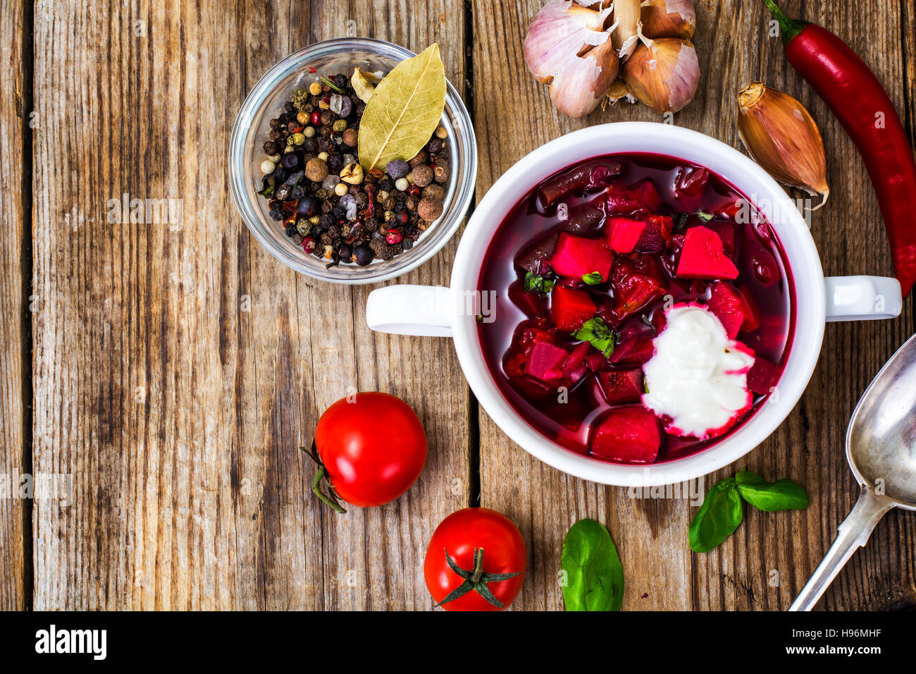 Food without meat. Vegetarian vegetable soup with beetroot. Studio