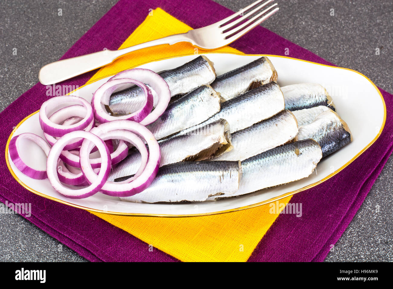 Salted Herring with Red Onion Studio Photo Stock Photo Alamy