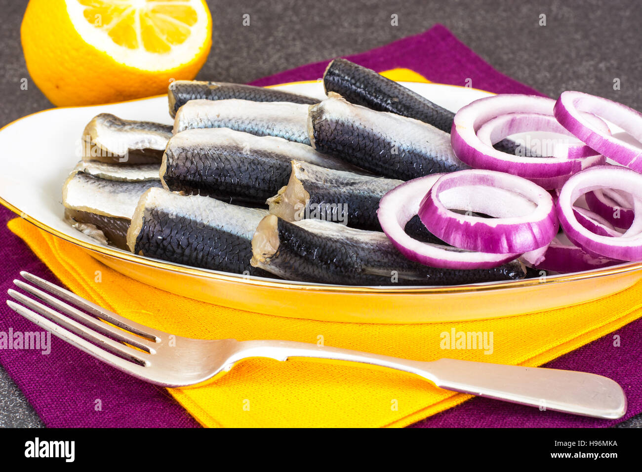 Salted Herring with Red Onion Studio Photo Stock Photo Alamy