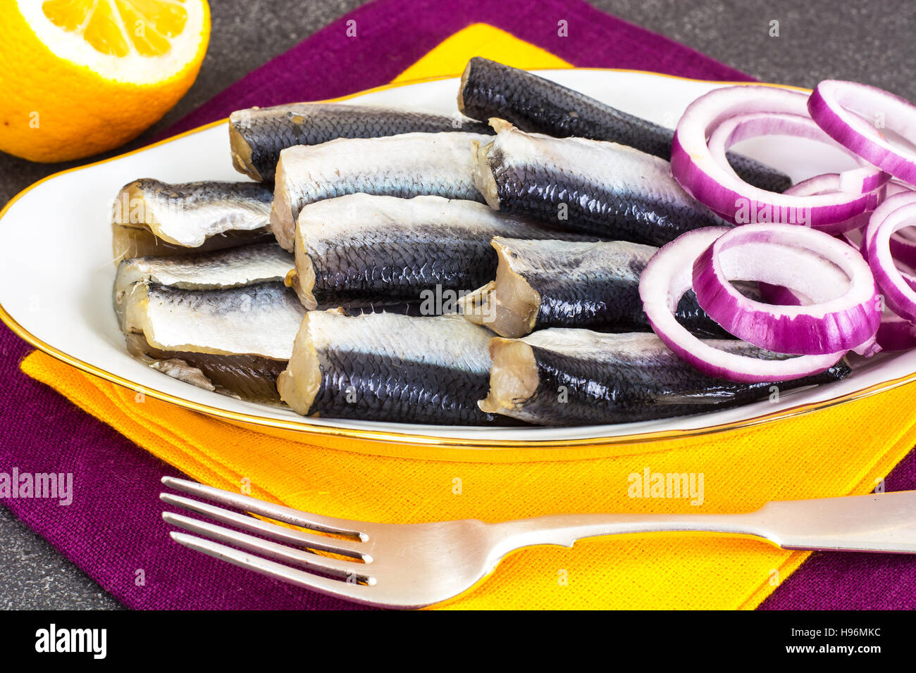 Salted Herring with Red Onion Studio Photo Stock Photo Alamy