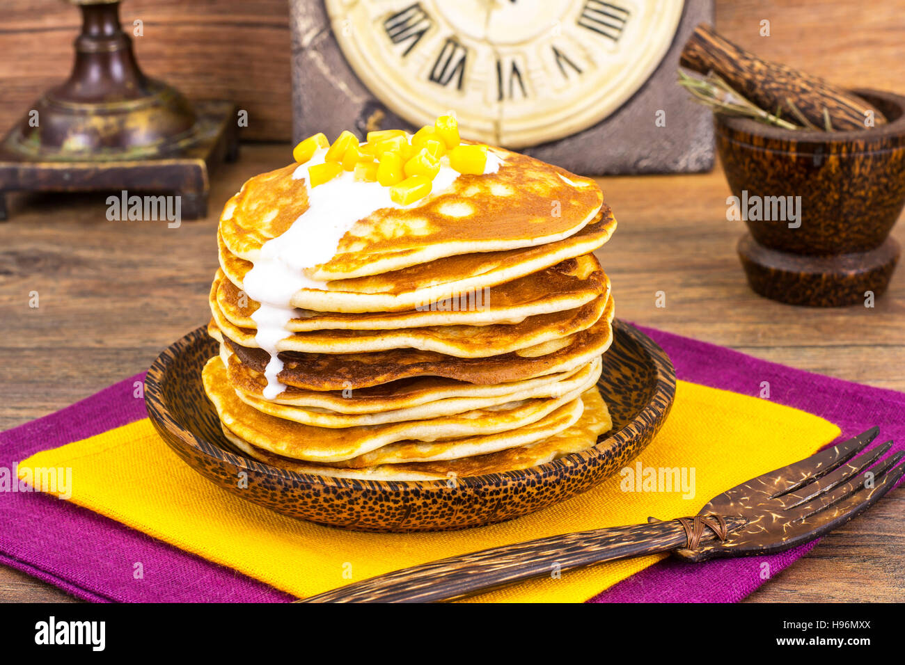 Tasty Pancakes Stack with Sweet Corn Studio Photo Stock Photo - Alamy