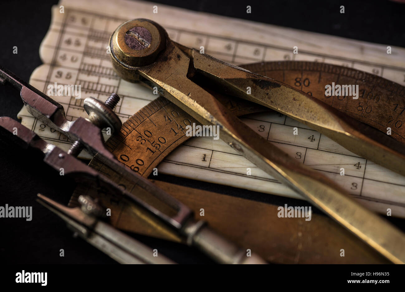 Studio shot of antique instruments of measurement Stock Photo - Alamy