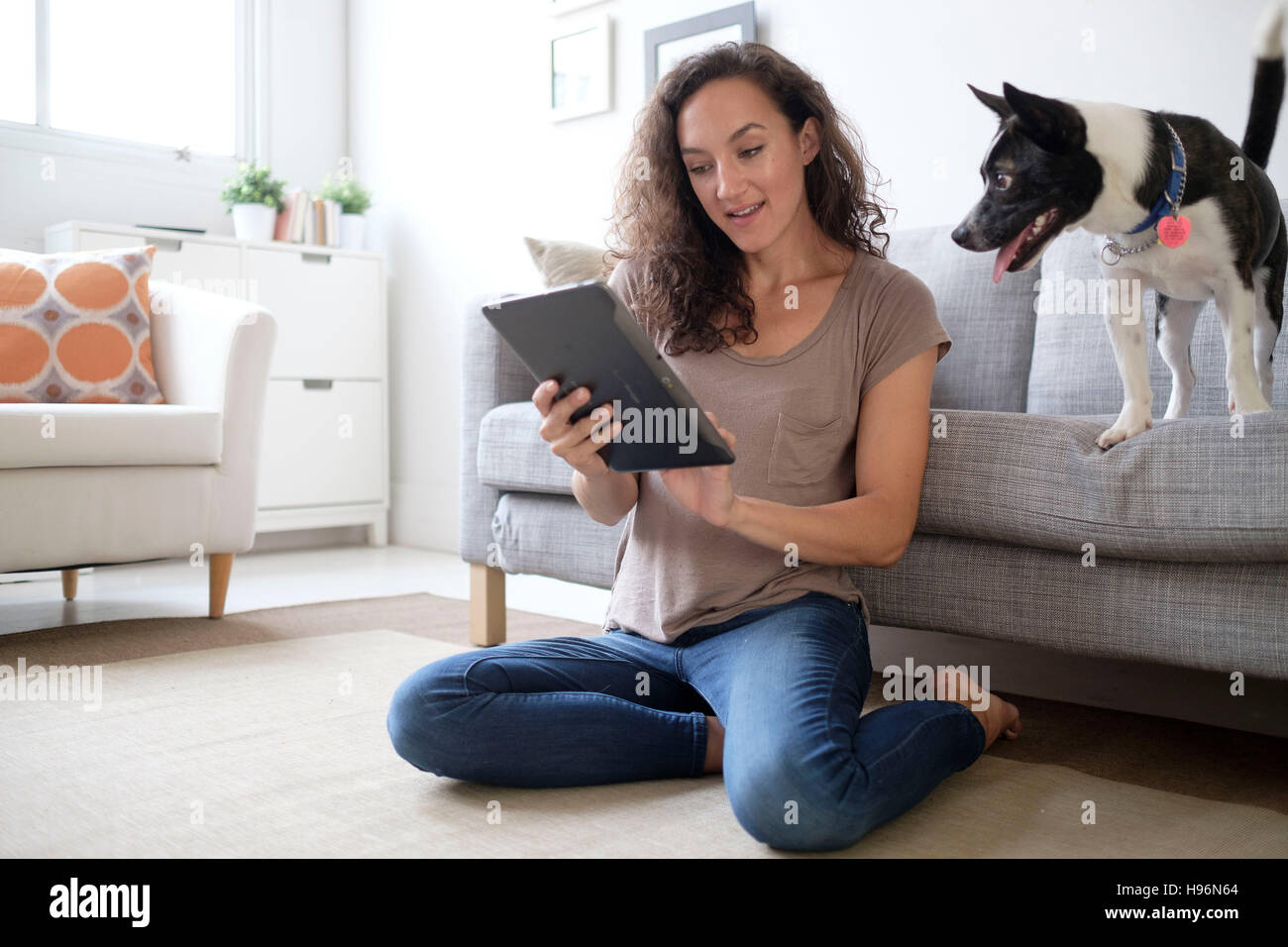 Young woman in living room using digital tablet with her dog Stock Photo