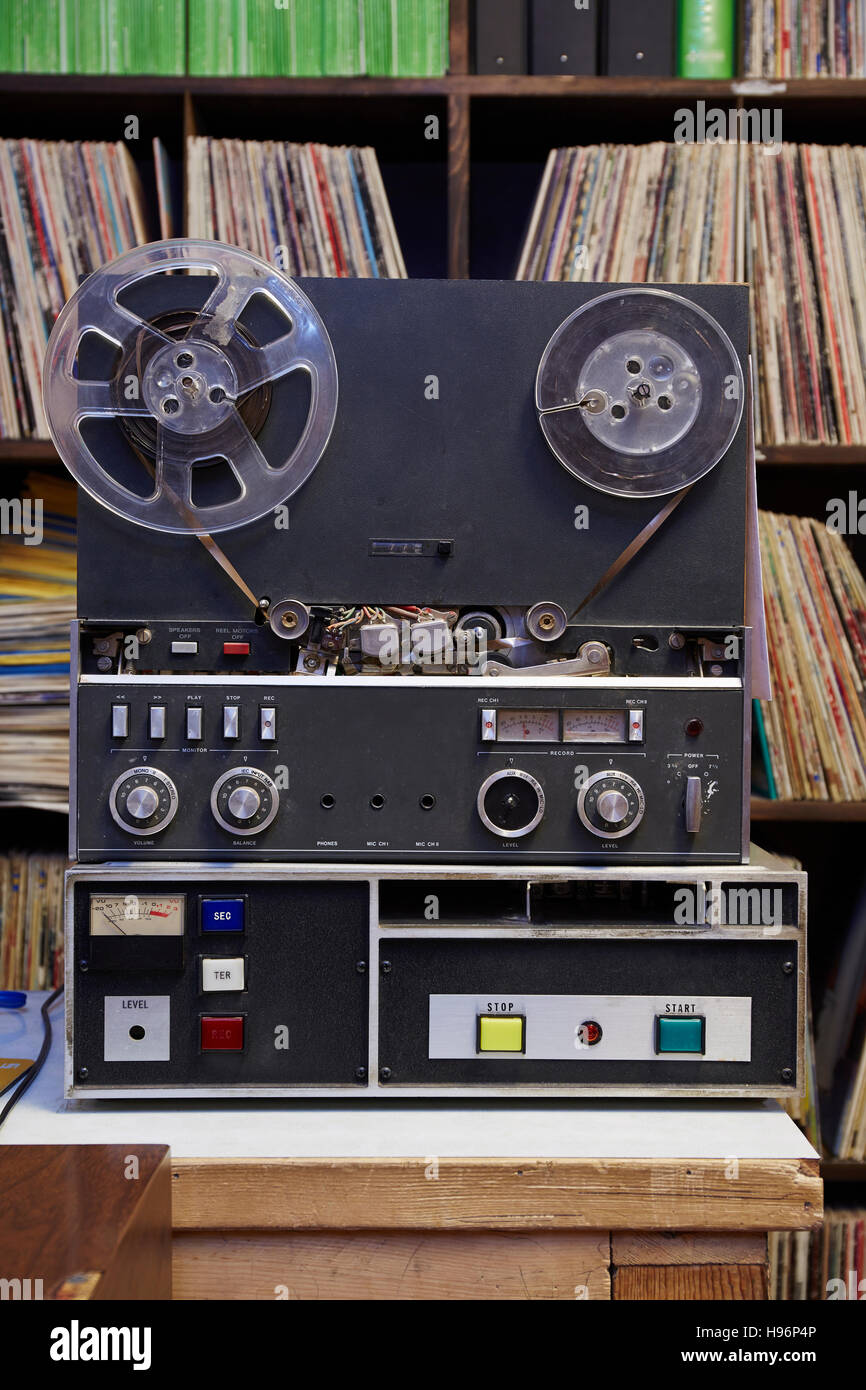 Collection of vinyl LP records and tape recorder Stock Photo Alamy