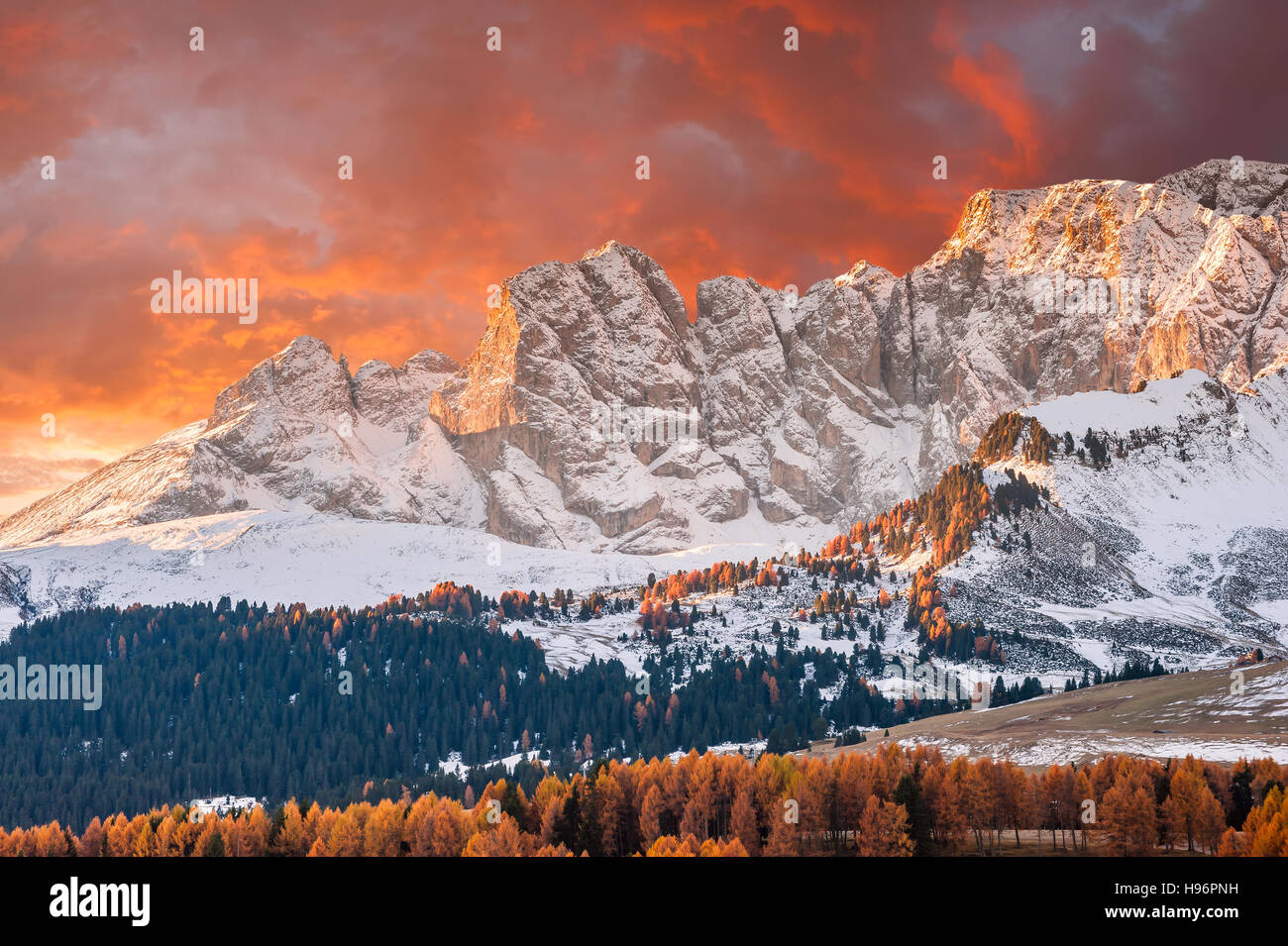 Autumn morning in mountain, landscape with snowy peaks and bright fall ...