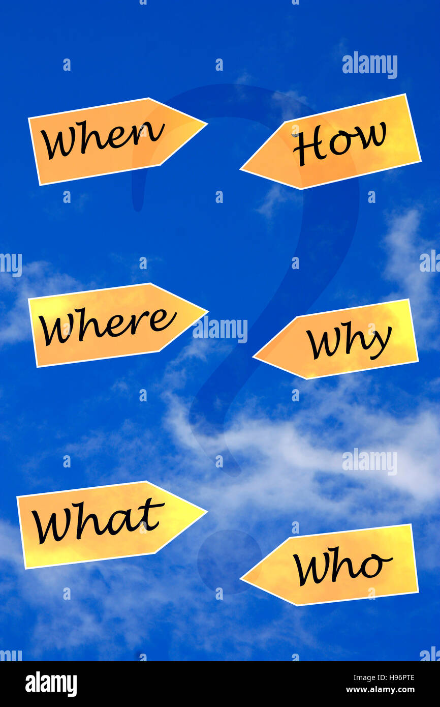 who when why what when how signs with sky background Stock Photo - Alamy