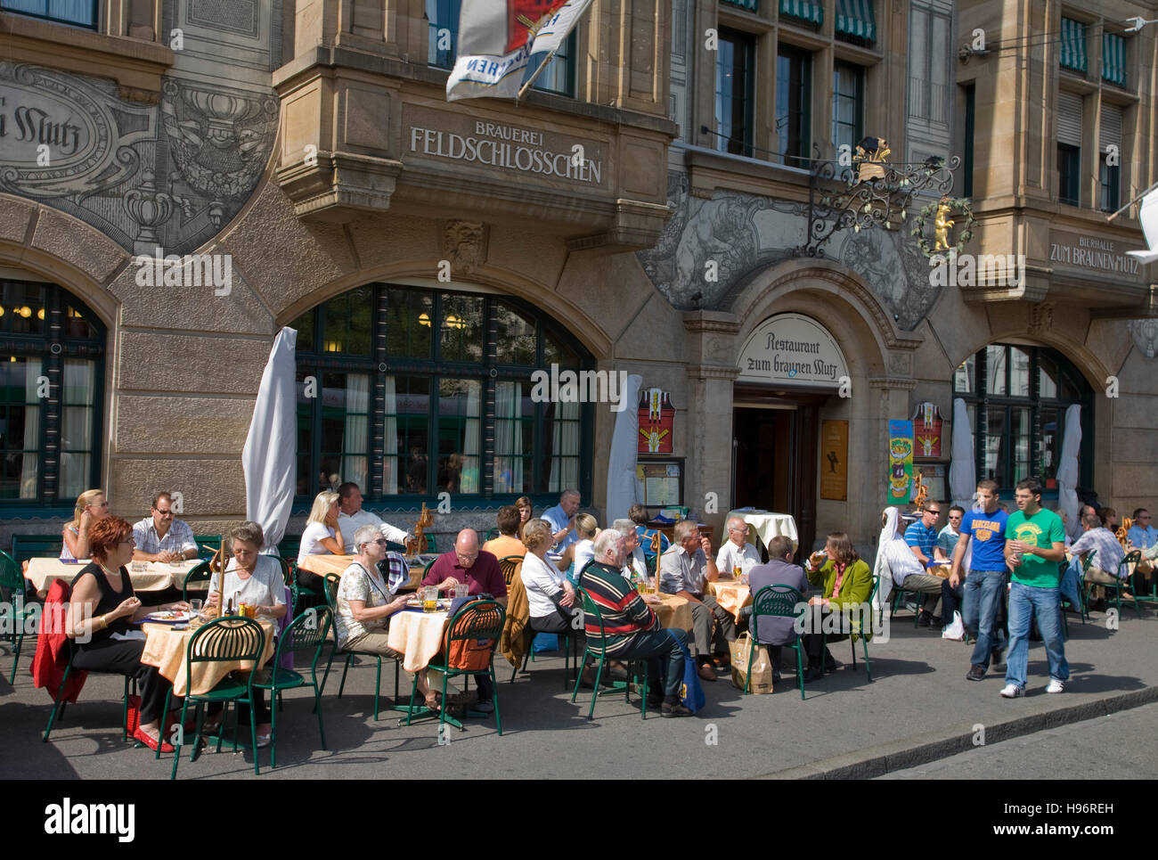 Zum Braunen Mutz Restaurant, people, Barfuesserplatz Square, Basel, Switzerland Stock Photo