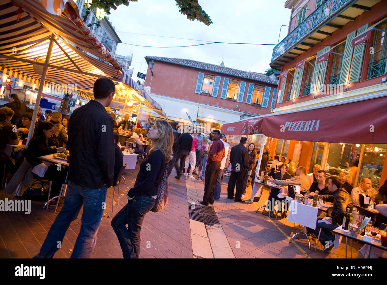 Restaurants in the evening, nightlife, Cours Saleya, Nice, Cote d'Azur, France Stock Photo