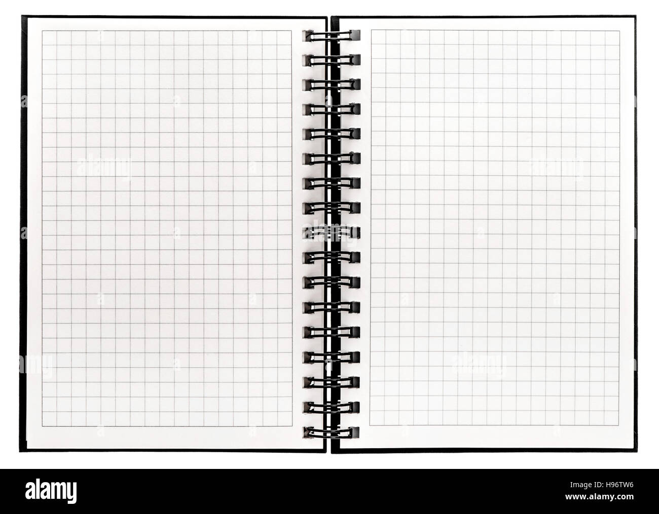 Notebook with spiral binder and math paper. Open book on white background Stock Photo