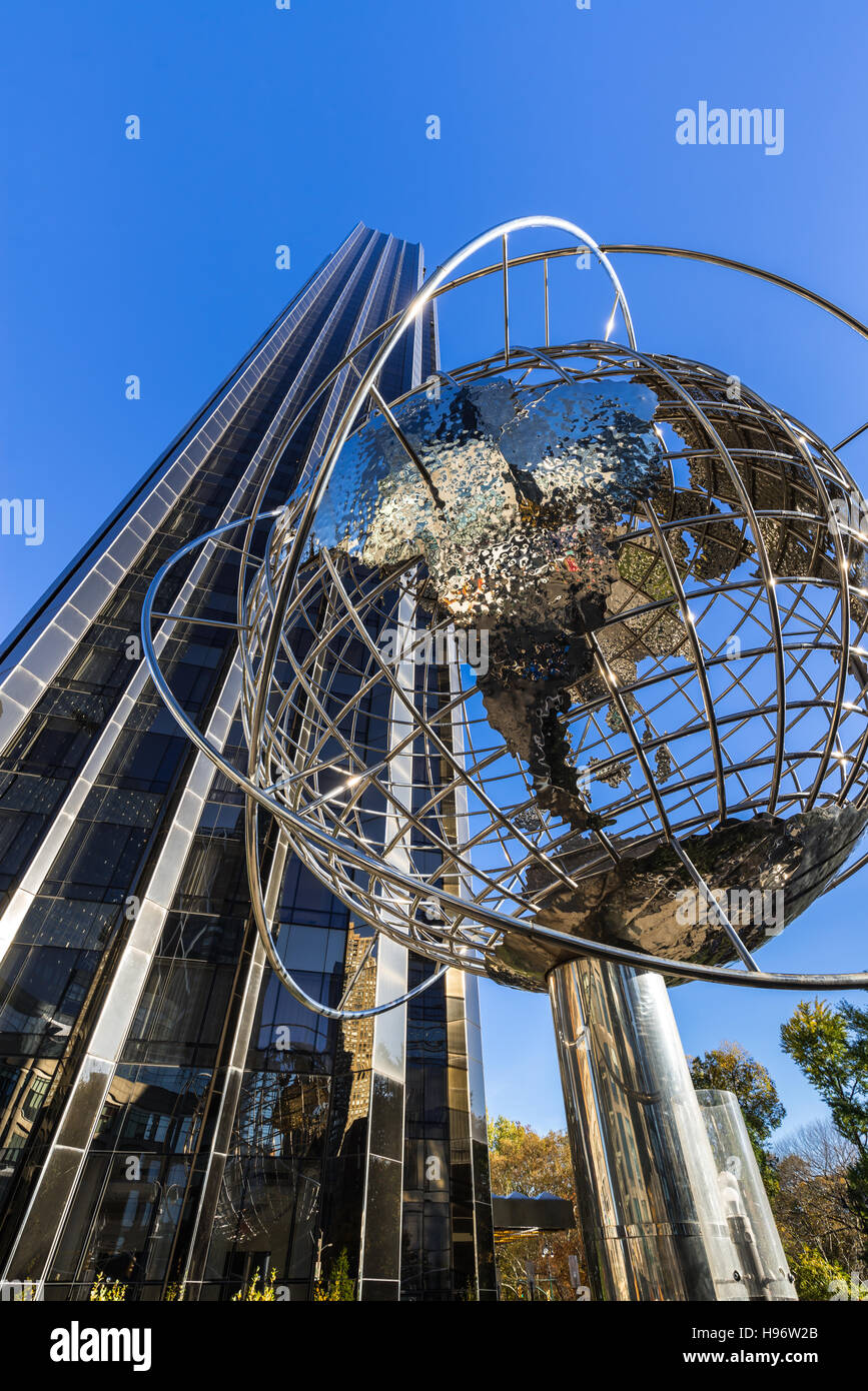 Trump International Hotel and Tower skyscraper with steel globe sculpture. Midtown, Manhattan, New York City Stock Photo