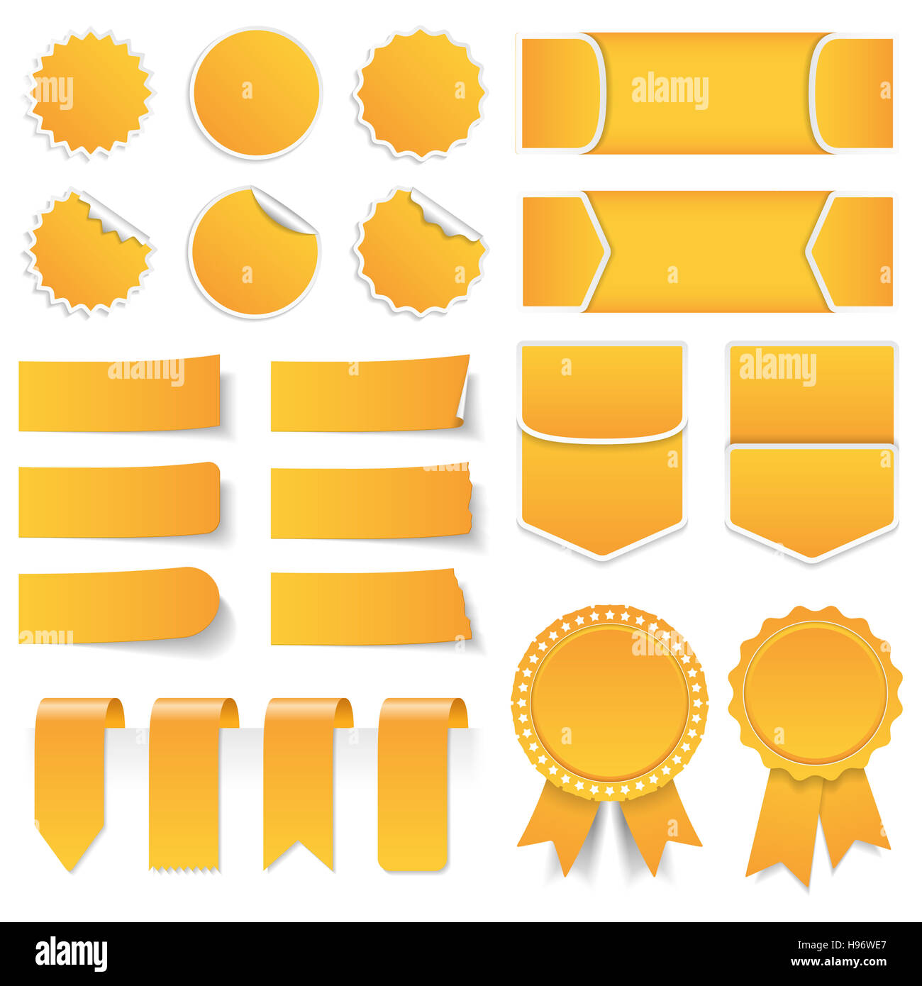 Yellow price tags, stickers, labels, banners and ribbons Stock Photo